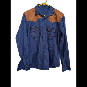 Coofandy Mens LargeNavy Blue w/Faux Suede Embroidered Western Rodeo Cowboy Shirt